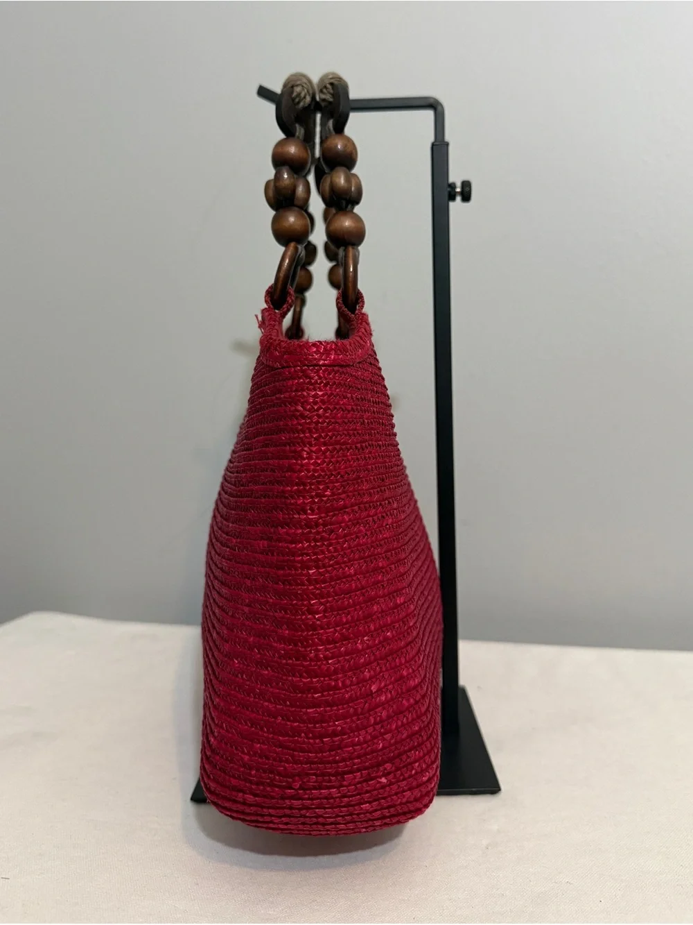 Vintage Red Woven Rattan Tote Bag Wood Beaded Handle Top Handle Boho Retro Purse